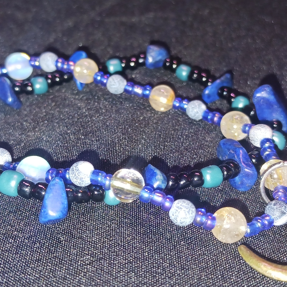 Blue and Gold Beaded Bracelet set with Moon Charm